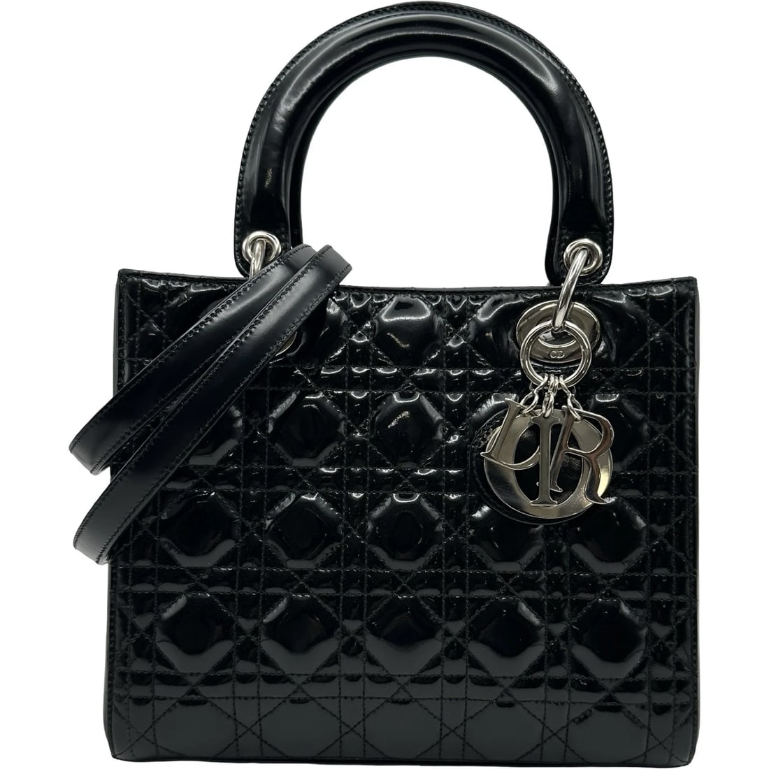 CHRISTIAN DIOR LADY DIOR MEDIUM HANDBAG: Christian Dior lady dior medium Handbag Brand: Christian Dior Type: Handbag Material: enamel Color: Black SilverHardware Size: W24cm x H20cmx D9.5 cmW9.4 x H7.9x D3.7inch Accessories: None