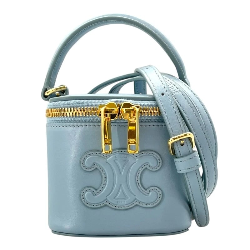 CELINE MINI VANITY CASE CUIR TRIOMPHE SHOULDER BAG: CELINE Mini vanity case Cuir Triomphe Shoulder Bag Brand: CELINE Type: Shoulder Bag Material: Smooth Calfskin Color: Light blue Size: W9.5cm x H9cmx D9.5cmW3.7 x H3.5x D3.7inch Accessories: None <