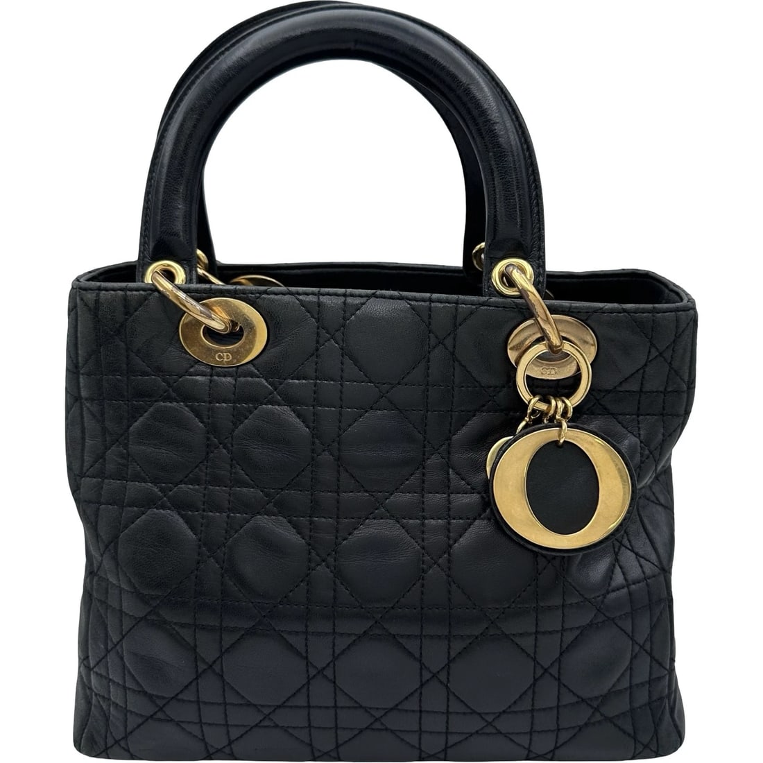 CHRISTIAN DIOR LADY DIOR MEDIUM HANDBAG: Christian Dior Lady Dior Medium Handbag Brand: Christian Dior Type: Handbag Material: lambskin Color: Black Gold Hardware Size: W25cm x H20cmx D12cm W9.8 x H7.9x D4.7inch Accessories: None