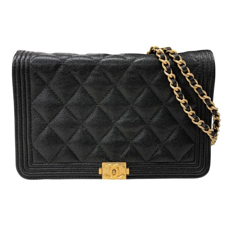 CHANEL BOY CHANEL CHAIN WALLET: CHANEL Boy Chanel Chain Wallet Brand: CHANEL Type: Wallet Chain Material: Soft caviar skin Color: Black Gold Hardware Size: W19cm x H13cmx D5cm W7.5 x H5.1x D2.0inch Accessories: None Acce