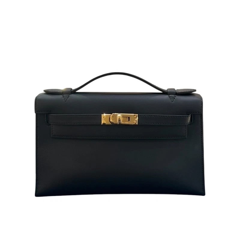HERMES POCHETTE KELLY HANDBAG: HERMES Pochette Kelly Handbag Brand: HERMES Type: Handbag Material: Swift Color: Black GD Hardware Size: W22cm x H12.5cmx D7cm W8.7 x H4.9x D2.8inch Accessories: None Accessories Notice: When