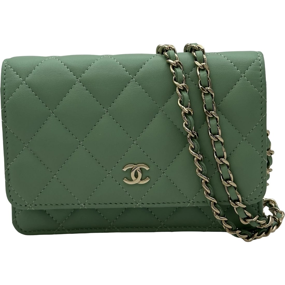 CHANEL MATELASSE MINI CHAIN WALLET SHOULDER BAG: CHANEL Matelasse Mini Chain Wallet Shoulder Bag Brand: CHANEL Type: Shoulder Bag Material: lambskin Color: Green Gold Hardware Size: W15.5cm x H11.5cmx D3.5cmW6.1 x H4.5x D1.4inch Accessories: Non