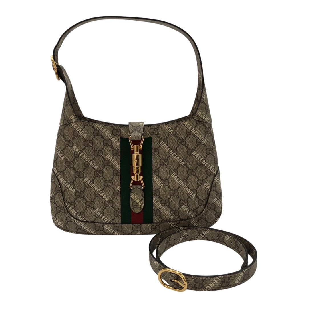 GUCCI JACKIE 2WAY BALENCIAGA COLLABORATION TOTE BAG: GUCCI Jackie 2WAY Balenciaga collaboration Tote Bag Brand: GUCCI Type: Tote Bag Material: GG Supreme Canvas / Leather Color: Beige Gold Hardware Size: W28cm x H19cmx D4cmW11.0 x H7.5x D1.6inch Acc