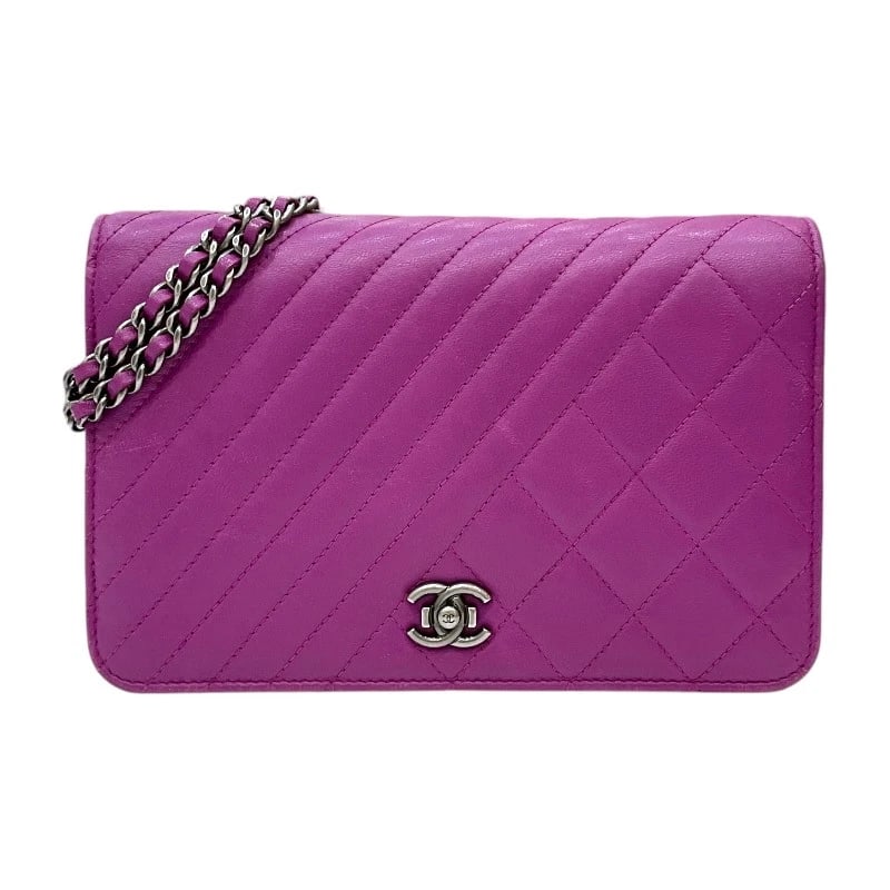 CHANEL MATELASSE CHEVRON CHAIN WALLET SHOULDER BAG: CHANEL Matelasse Chevron Chain Wallet Shoulder Bag Brand: CHANEL Type: Shoulder Bag Material: lambskin Color: Purple SilverHardware Size: W19cm x H12cmx D3.5cmW7.5 x H4.7x D1.4inch Accessories: No