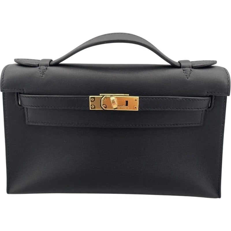 HERMES KELLY POCHETTE WITH INNER STITCHING HANDBAG: HERMES Kelly Pochette with Inner Stitching Handbag Brand: HERMES Type: Handbag Material: Swift Color: Black GD Hardware Size: W22cm x H12.5cmx D7cm W8.7 x H4.9x D2.8inch Accessories: None