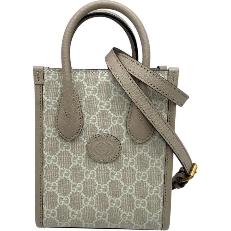 GUCCI INTERLOCKING G MINI TOTE SHOULDER BAG: GUCCI Interlocking G Mini Tote Shoulder Bag Brand: GUCCI Type: Shoulder Bag Material: GG Supreme Color: Beige Gold Hardware Size: W16cm x H20cmx D4.5cmW6.3 x H7.9x D1.8inch Accessories: None <