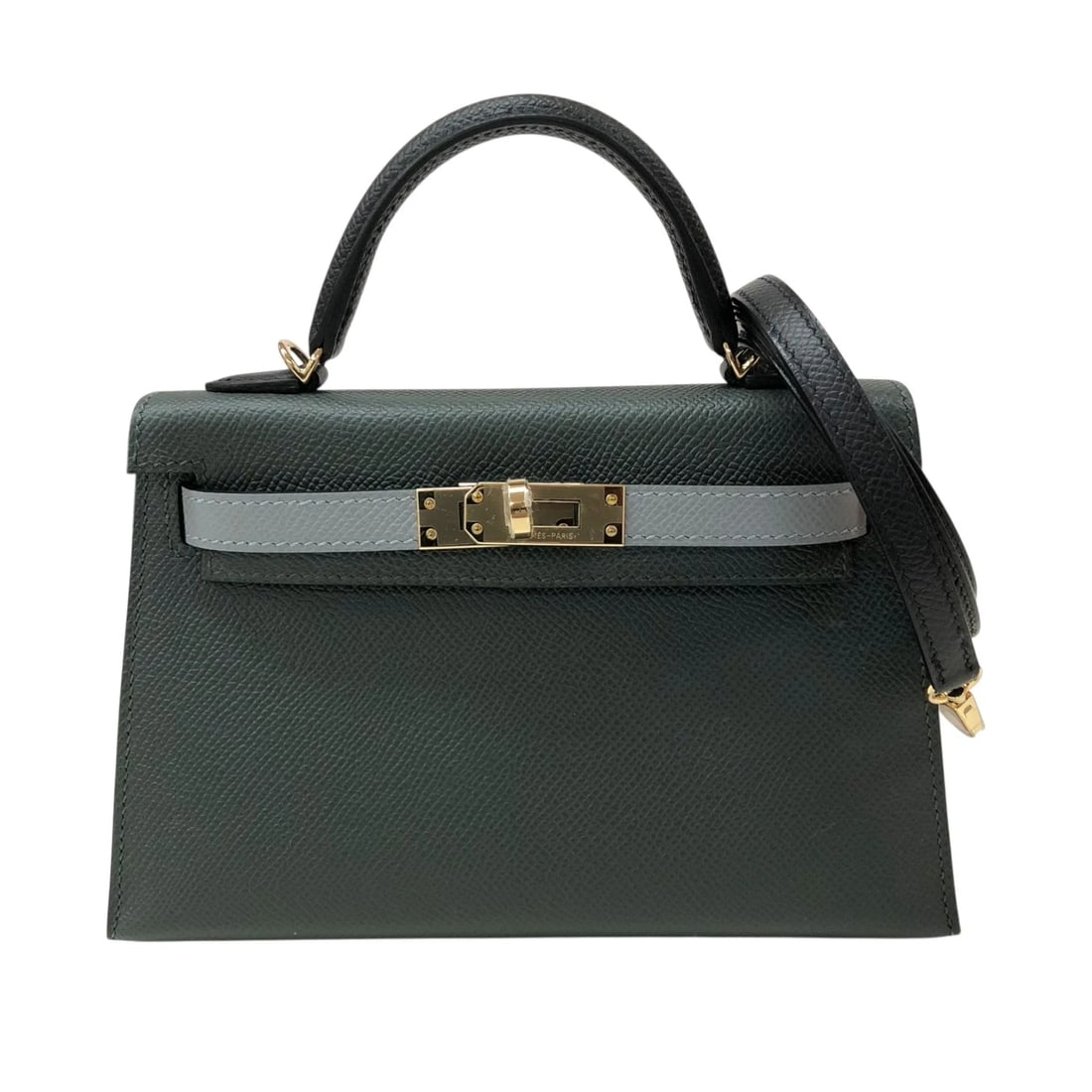 HERMES MINI KELLY 2 TRICOLOR HANDBAG: HERMES Mini Kelly 2 Tricolor Handbag Brand: HERMES Type: Handbag Material: Epsom Color: Gripan Tan/Black Gold Hardware Size: W19cm x H12cmx D5.5cmW7.5 x H4.7x D2.2inch Accessories: None Ac