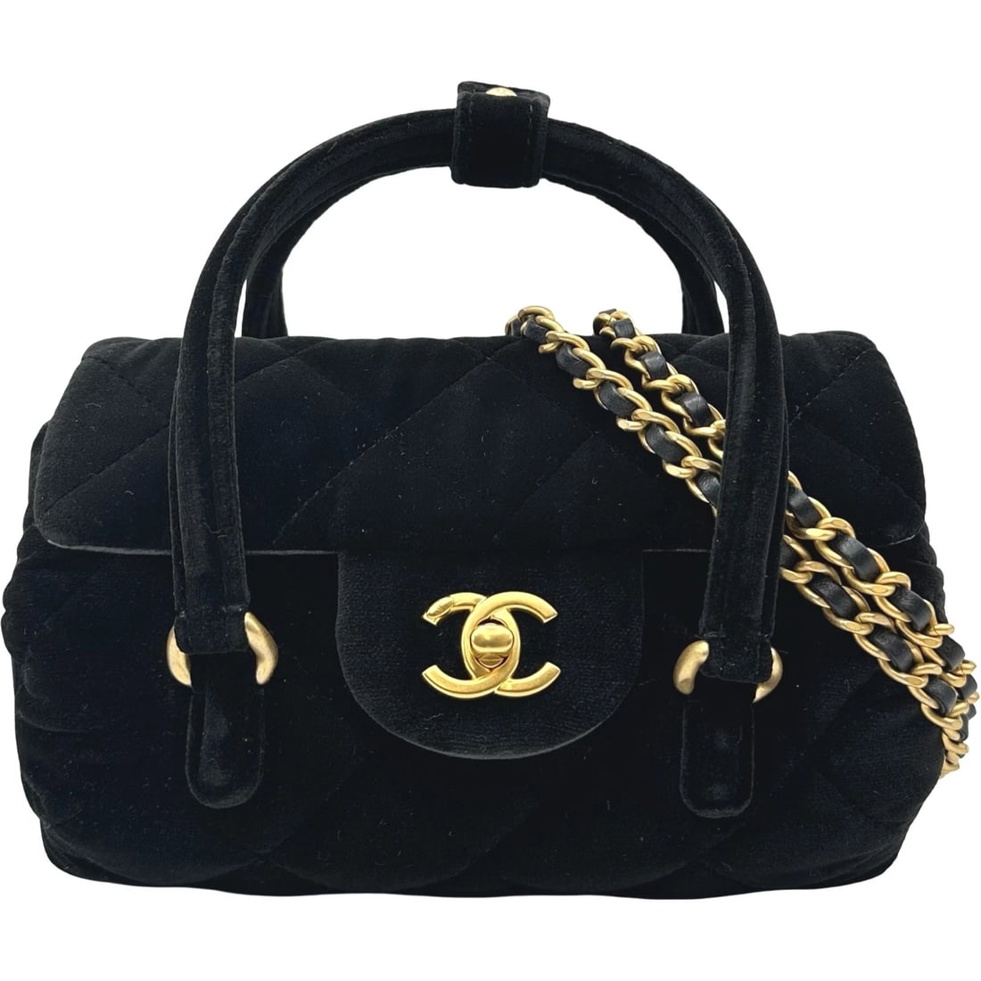 CHANEL 2WAY CHAINSHOULDER BAG: CHANEL 2WAY ChainShoulder Bag Brand: CHANEL Type: Shoulder Bag Material: velvet Color: Black Gold Hardware Size: W17cm x H11cmx D9.5cmW6.7 x H4.3x D3.7inch Accessories: None Accessories No