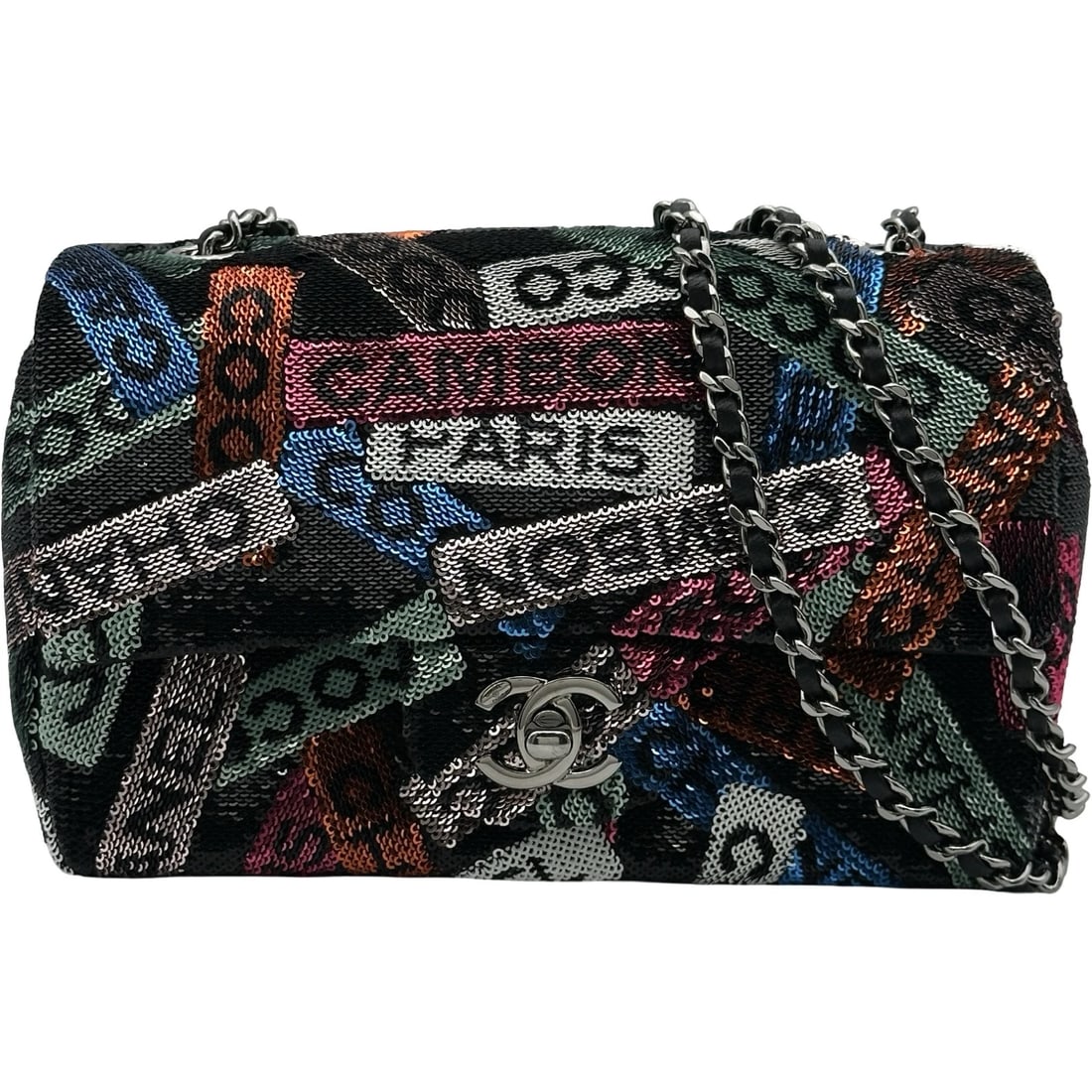 CHANEL COCO MARK LOGO SMALL CHAIN SHOULDER BAG: CHANEL COCO Mark Logo Small Chain Shoulder Bag Brand: CHANEL Type: Shoulder Bag Material: Sequin Color: Multicolor SilverHardware Size: W19cm x H13cmx D5cm W7.5 x H5.1x D2.0inch Accessories: None