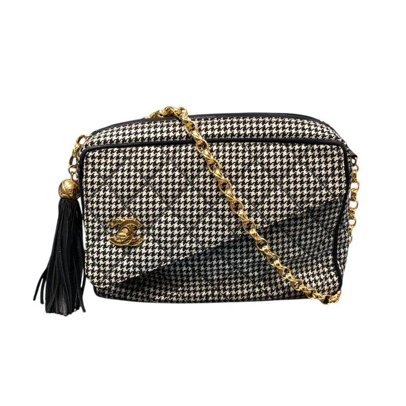 CHANEL HOUNDSTOOTH CHAINSHOULDER BAG: CHANEL Houndstooth ChainShoulder Bag Brand: CHANEL Type: Shoulder Bag Material: Cotton jersey Color: Black Gold Hardware Size: W22cm x H15cmx D7cm W8.7 x H5.9x D2.8inch Accessories: None Accessories