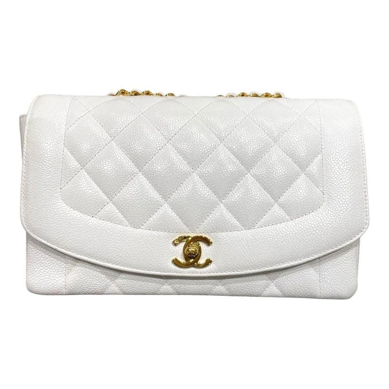 CHANEL DIANA CHAINSHOULDER SHOULDER BAG: CHANEL Diana ChainShoulder Shoulder Bag Brand: CHANEL Type: Shoulder Bag Material: Caviar skin Color: White x Gold Hardware Size: W25cm x H15cmx D7cm W9.8 x H5.9x D2.8inch Accessories: None