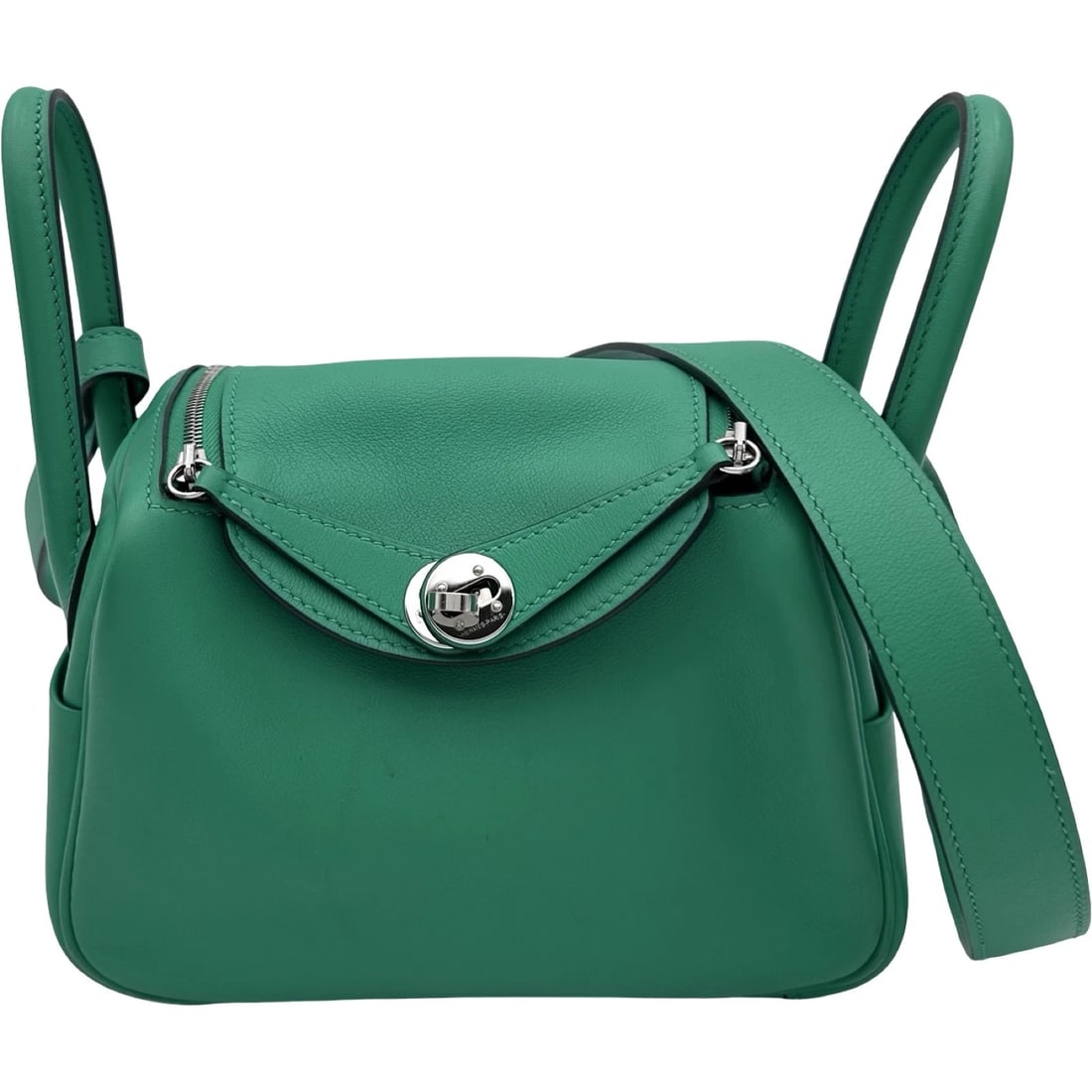HERMES LINDIMINI VERSO SHOULDER BAG: HERMES Lindimini Verso Shoulder Bag Brand: HERMES Type: Shoulder Bag Material: Swift Color: Mint Vert Bosphore Silver Hardware Size: W19cm x H12.5cmx D9cm W7.5 x H4.9x D3.5inch Accessories: None