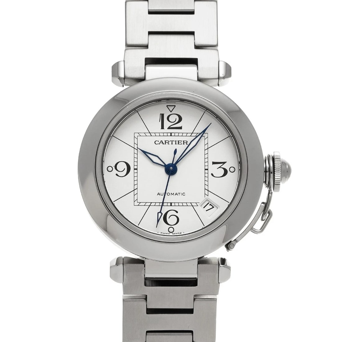 CARTIER PASHA WHITE WATCH: CARTIER Pasha White WATCH Brand: CARTIER Type: Wristwatch Material: Band Material Stainless steel, Case Material Stainless steel Color: Dial Color White Size: ??Case? H/about 35mm W/about 35mm D/about