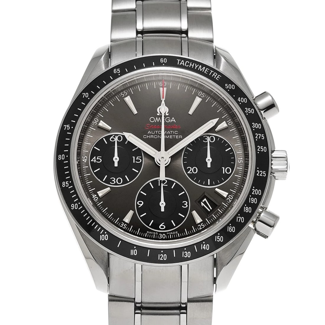OMEGA SPEEDMASTER DATE GRAY/BLACK WATCH: OMEGA Speedmaster Date Gray/Black WATCH Brand: OMEGA Type: Wristwatch Material: Band Material Stainless steel, Case Material Stainless steel Color: Dial Color Gray/Black Size: Case Size 40 mm Acce