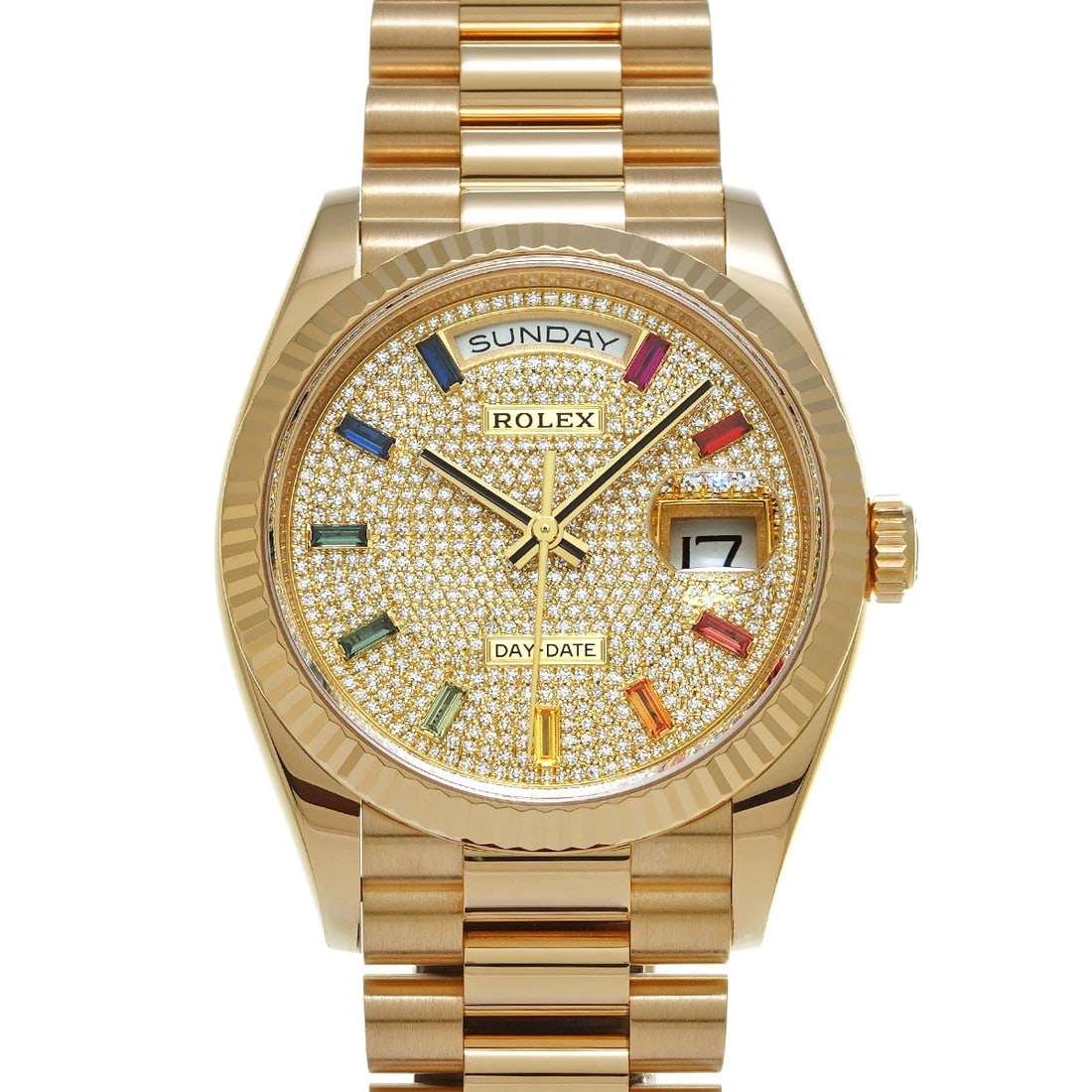 ROLEX DAY-DATE PAVE DIAMONDS/SAPPHIRE / RUBY / EMERALD WATCH: ROLEX Day-Date Pave Diamonds/Sapphire / Ruby / Emerald WATCH Brand: ROLEX Type: Wristwatch Material: Band Material Yellow Gold, Case Material Yellow Gold Color: Dial Color Pave Diamonds/Sapphire/Ruby/
