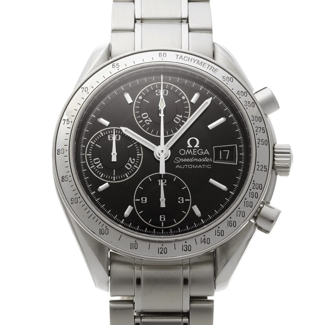 OMEGA SPEEDMASTER DATE BLACK WATCH: OMEGA Speedmaster Date Black WATCH Brand: OMEGA Type: Wristwatch Material: Band Material Stainless steel, Case Material Stainless steel Color: Dial Color Black Size: ??Case? H/about 39mm W/about 39mm 