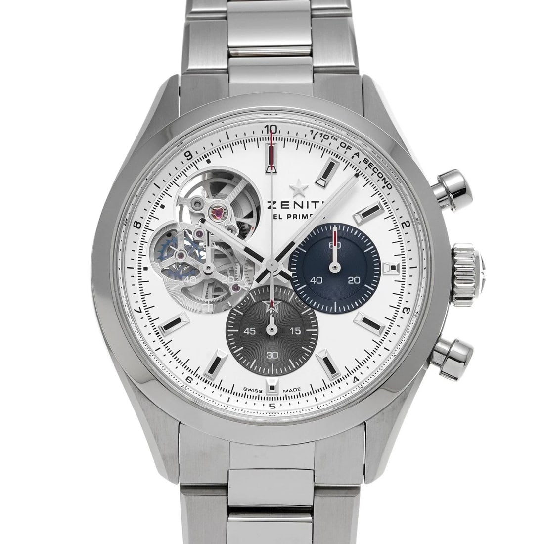 ZENITH CHRONOMASTER EL PRIMERO OPEN SILVER MATTE WATCH: ZENITH Chronomaster El Primero Open Silver Matte WATCH Brand: ZENITH Type: Wristwatch Material: Band Material Stainless steel, Case Material Stainless steel Color: Dial Color Silver Matte Size: ??Case
