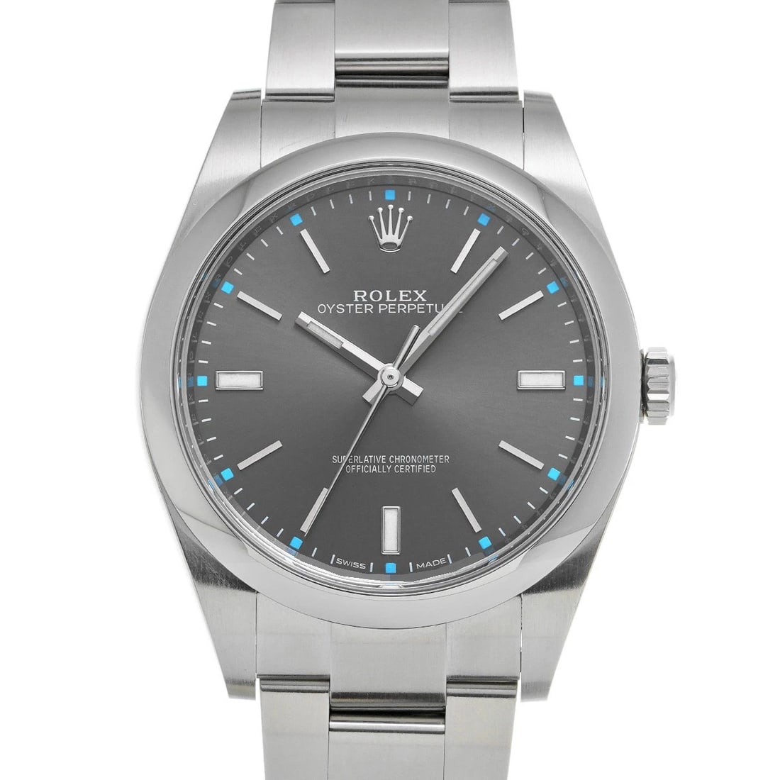 ROLEX OYSTER PERPETUAL DARK RHODIUM GRAY WATCH: ROLEX Oyster Perpetual Dark Rhodium Gray WATCH Brand: ROLEX Type: Wristwatch Material: Band Material Stainless steel, Case Material Stainless steel Color: Dial Color Gray Size: ??Case? H/about 39mm W/