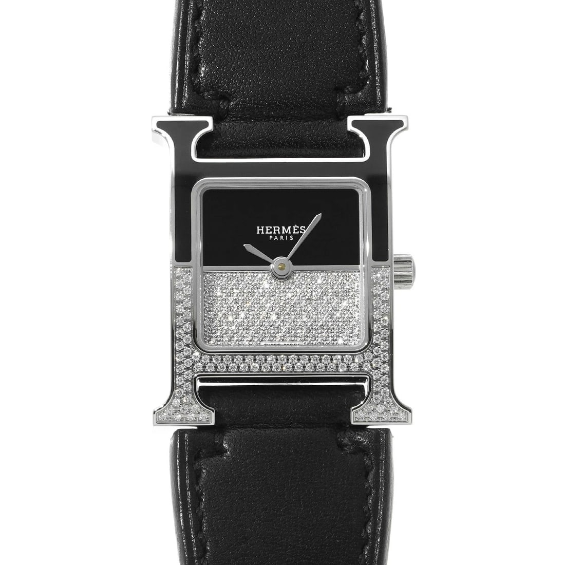 HERMES H WATCH DOUBLE JOUX BLACK/DIAMOND WATCH: HERMES H Watch Double Joux Black/Diamond WATCH Brand: HERMES Type: Wristwatch Material: Band Material leather, Case Material Stainless steel Color: Dial Color Black/Diamond Size: ??Case? H/about 30mm