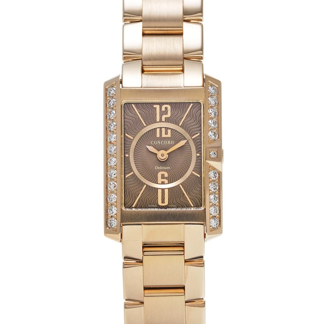 CONCORD DELIRIUM MINI BROWN WATCH: Concord Delirium Mini Brown WATCH Brand: Concord Type: Wristwatch Material: Band Material Pink gold, Case Material Pink gold Color: Dial Color Brown Size: ??Case? H/about 22mm W/about 18mm D/about 5.5