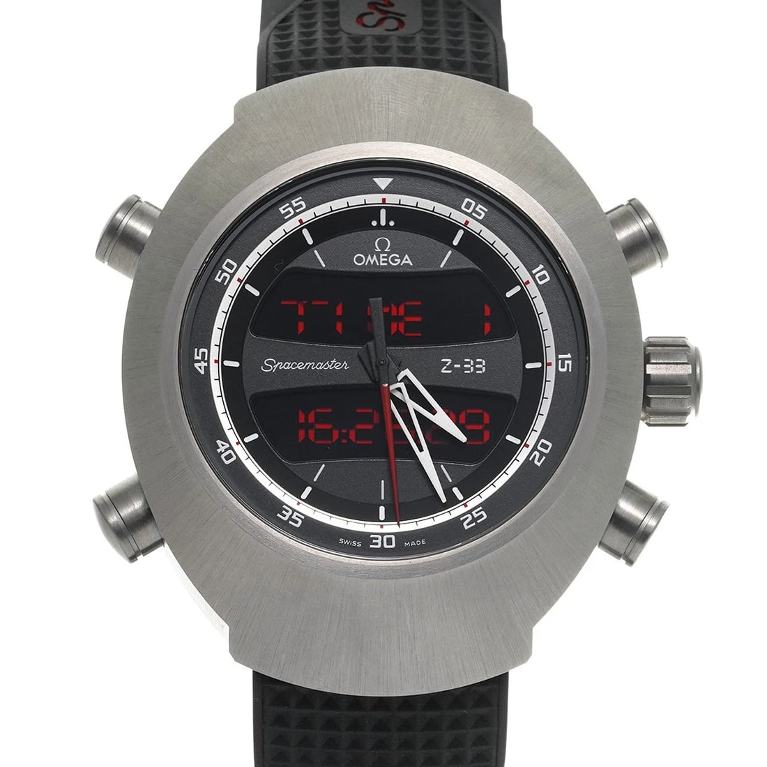 OMEGA SPEEDMASTER SPACEMASTER Z-33 BLACK WATCH: OMEGA Speedmaster Spacemaster Z-33 Black WATCH Brand: OMEGA Type: Wristwatch Material: Band Material rubber, Case Material titanium Color: Dial Color Black Size: ??Case? H/about 53mm W/about 43mm D/ab