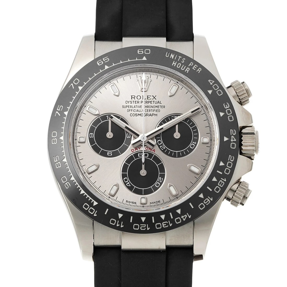 ROLEX COSMOGRAPH DAYTONA STEEL/BLACK WATCH: ROLEX Cosmograph Daytona Steel/Black WATCH Brand: ROLEX Type: Wristwatch Material: Band Material rubber, Case Material White gold Color: Dial Color Steel/Black Size: ??Case? H/about 40mm W/about 40mm