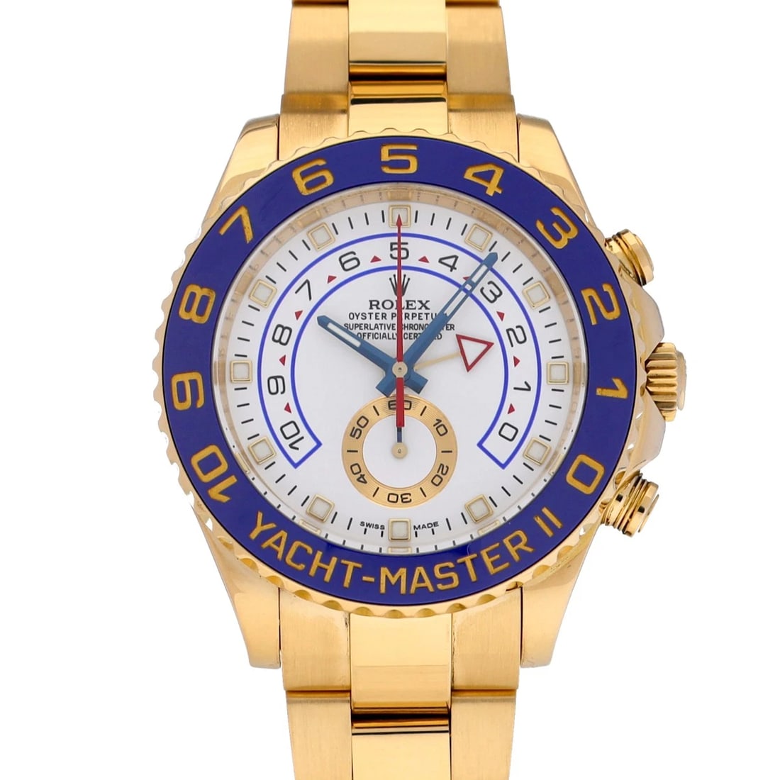 ROLEX YACHT-MASTER II WHITE WATCH: ROLEX Yacht-Master II White WATCH Brand: ROLEX Type: Wristwatch Material: Band Material Yellow Gold, Case Material Yellow Gold Color: Dial Color White Size: ??Case? H/about 44mm W/about 44mm D/about