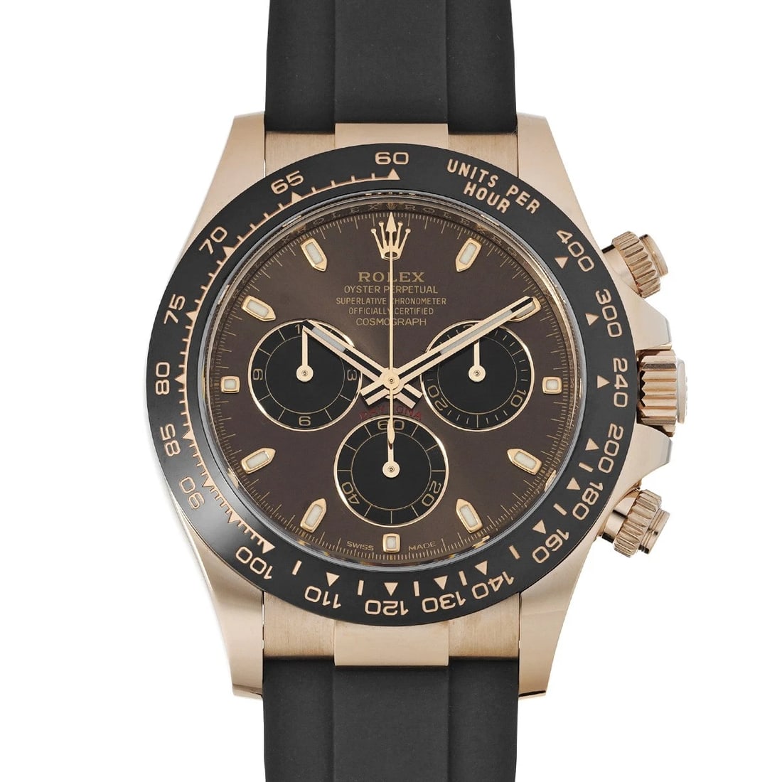 ROLEX COSMOGRAPH DAYTONA CHOCOLATE BROWN/BLACK WATCH: ROLEX Cosmograph Daytona Chocolate Brown/Black WATCH Brand: ROLEX Type: Wristwatch Material: Band Material rubber, Case Material Everrose gold Color: Dial Color Chocolate Brown/Black Size: ??Case? H/a