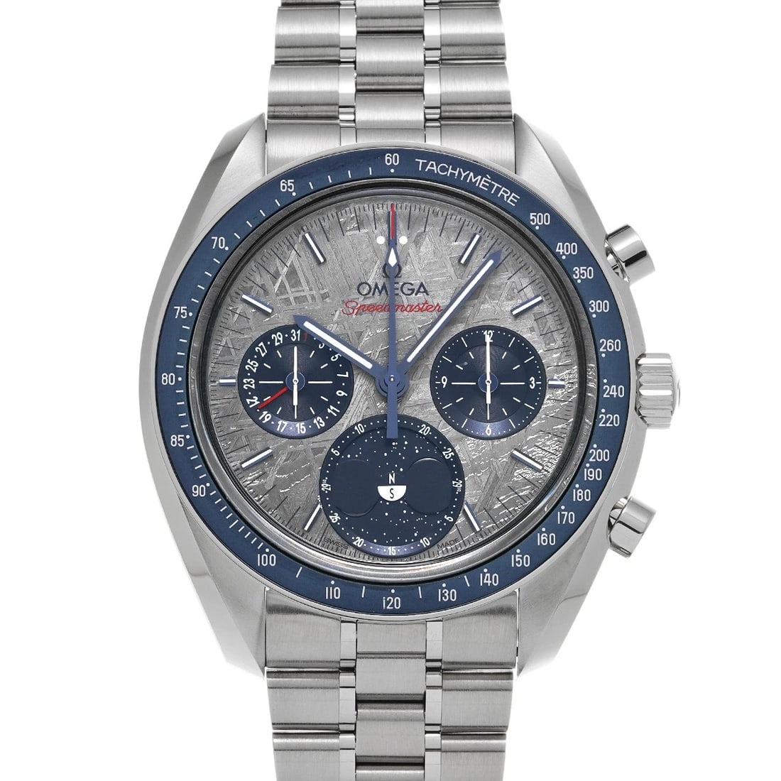 OMEGA SPEEDMASTER METEORITE CO AXIAL CHRONOMETER WATCH: OMEGA Speedmaster Meteorite Co axial Chronometer WATCH Brand: OMEGA Type: Wristwatch Material: Band Material Stainless steel, Case Material Stainless steel Color: Dial Color Meteolite/blue Size: ??Cas