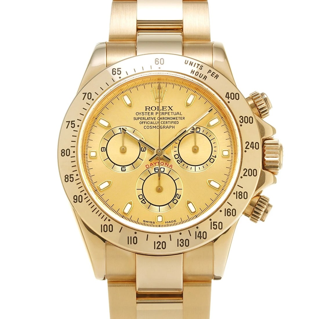 ROLEX COSMOGRAPH DAYTONA CHAMPAGNE WATCH: ROLEX Cosmograph Daytona Champagne WATCH Brand: ROLEX Type: Wristwatch Material: Band Material Yellow Gold, Case Material Yellow Gold Color: Dial Color Champagne Size: ??Case? H/about 40mm W/about
