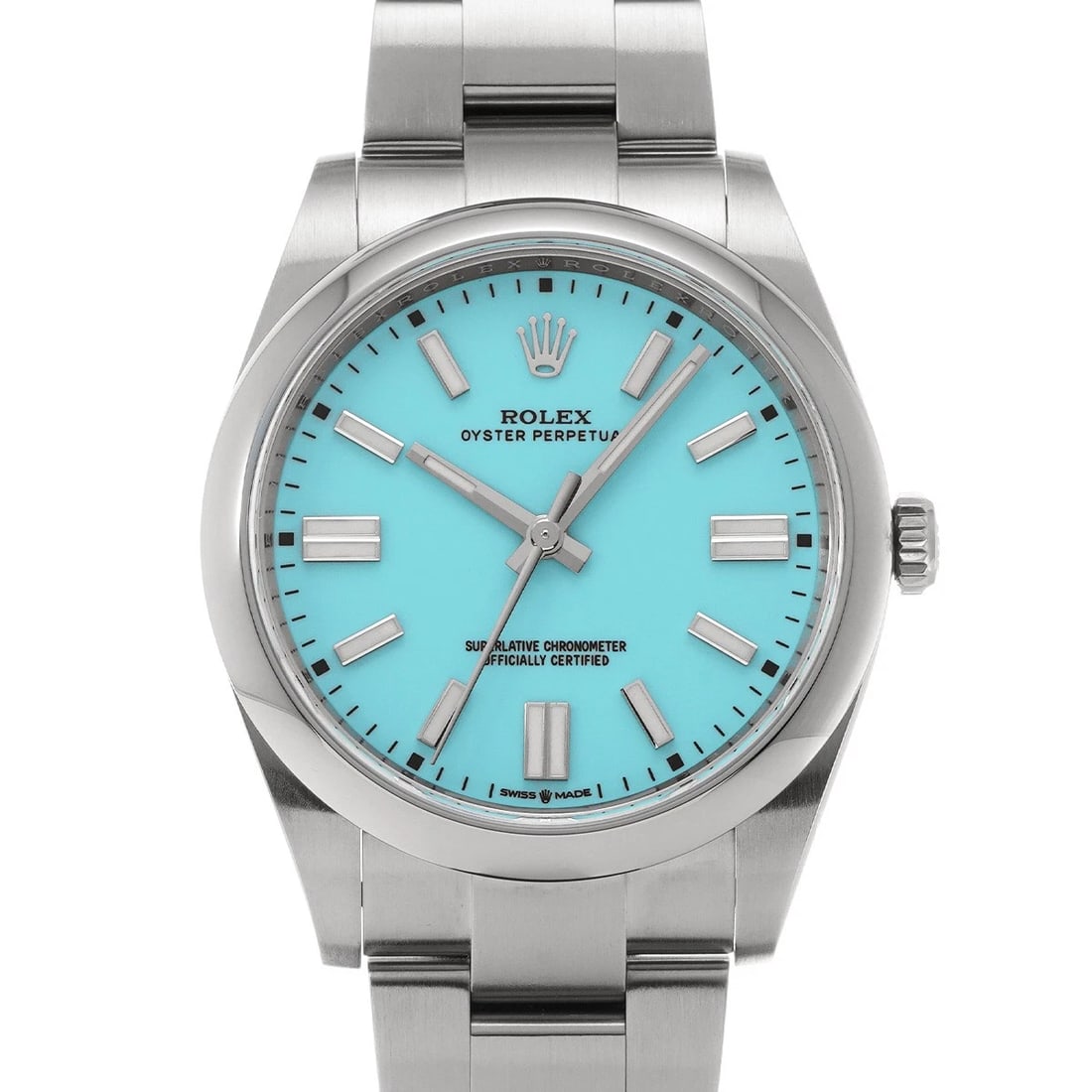ROLEX OYSTER PERPETUAL TURQUOISE BLUE WATCH: ROLEX Oyster Perpetual turquoise blue WATCH Brand: ROLEX Type: Wristwatch Material: Band Material Stainless steel, Case Material Stainless steel Color: Dial Color turquoise blue Size: ??Case? H/about 