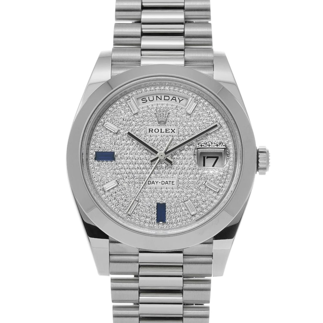 ROLEX DATE DIAMOND PAVE DIAMONDS WATCH: ROLEX Date diamond Pave diamonds WATCH Brand: ROLEX Type: Wristwatch Material: Band Material Platinum, Case Material Platinum Color: Dial Color diamond/Pave diamonds Size: ??Case? H/about 40mm W/about