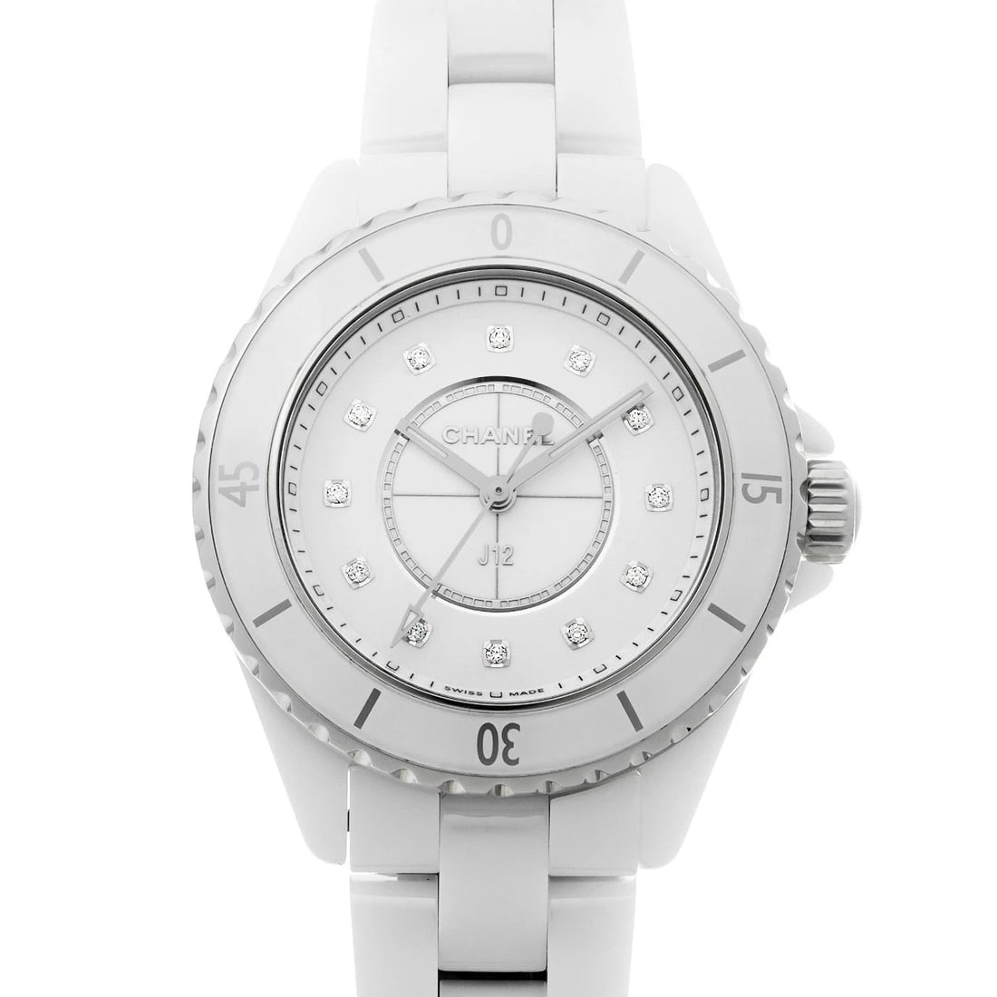 CHANEL J12 WHITE LACQUER DIAMOND WATCH: CHANEL J12 White lacquer diamond WATCH Brand: CHANEL Type: Wristwatch Material: Band Material ceramic, Case Material ceramic Color: Dial Color White lacquer/diamond Band Color white Size: ??Case? H/ab