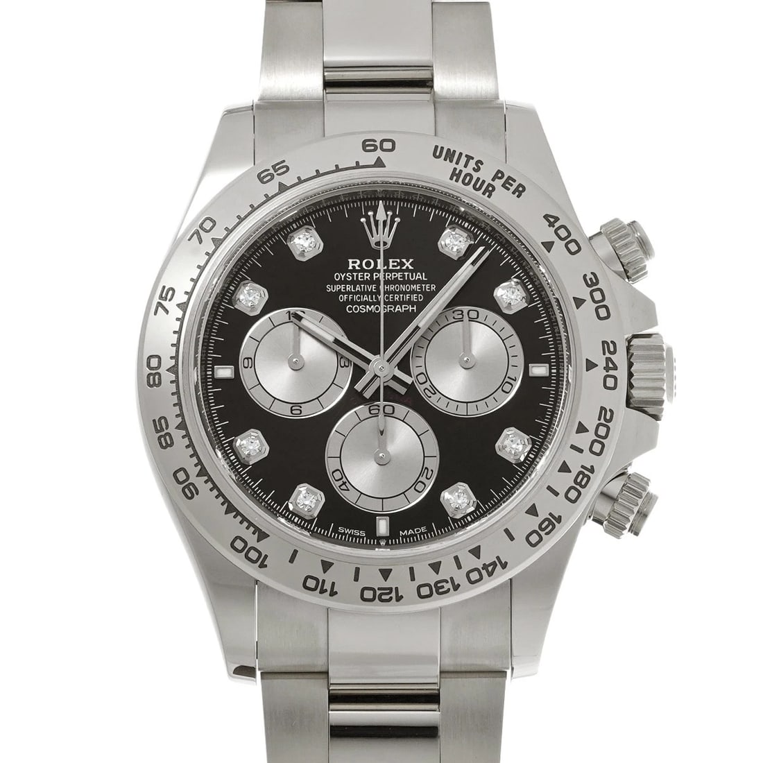ROLEX COSMOGRAPH DAYTONA BRIGHT BLACK STEEL DIAMOND WATCH: ROLEX Cosmograph Daytona Bright black Steel Diamond WATCH Brand: ROLEX Type: Wristwatch Material: Band Material White gold, Case Material White gold Color: Dial Color Bright black/Steel/Diamond Size: 
