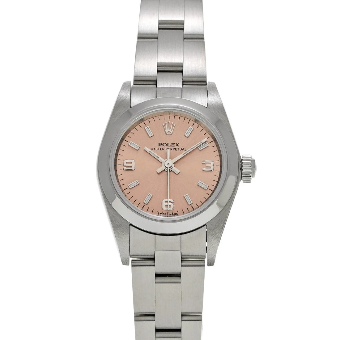 ROLEX OYSTER PERPETUAL PINK WATCH: ROLEX Oyster Perpetual pink WATCH Brand: ROLEX Type: Wristwatch Material: Band Material Stainless steel, Case Material Stainless steel Color: Dial Color pink Size: ??Case? H/about 24mm W/about 24mm