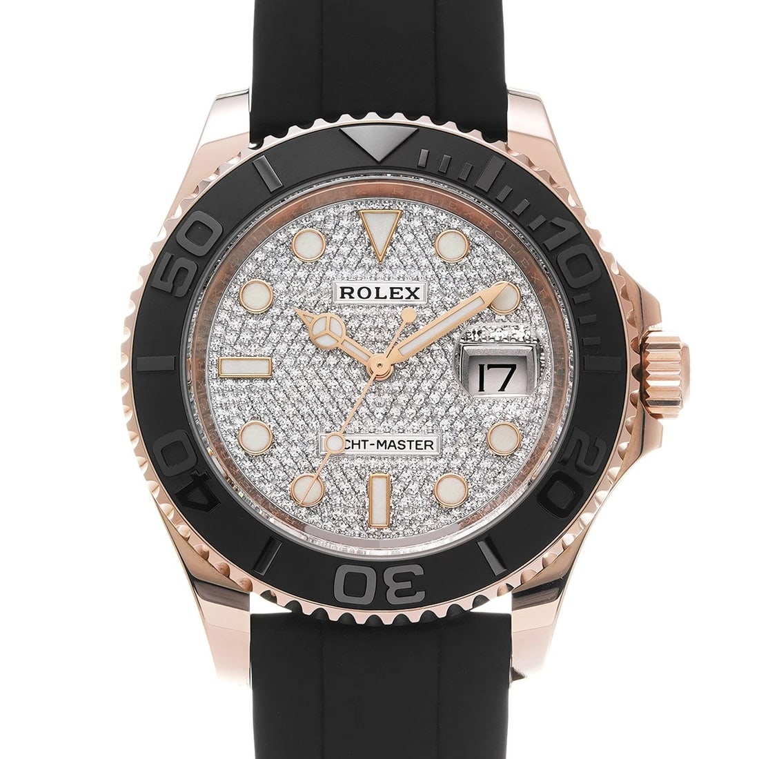 ROLEX YACHT MASTER SILVER DIAMOND WATCH: ROLEX Yacht Master Silver diamond WATCH Brand: ROLEX Type: Wristwatch Material: Band Material rubber, Case Material Everrose gold Color: Dial Color Silver/diamond Size: ??Case? H/about 40mm W/about
