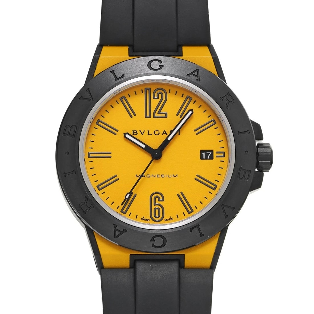BVLGARI DIAGONO MAGNESIUM YELLOW WATCH: BVLGARI Diagono Magnesium yellow WATCH Brand: BVLGARI Type: Wristwatch Material: Band Material rubber, Case Material magnesium Color: Dial Color yellow Band Color black Size: ??Case? H/about 41mm W/ab