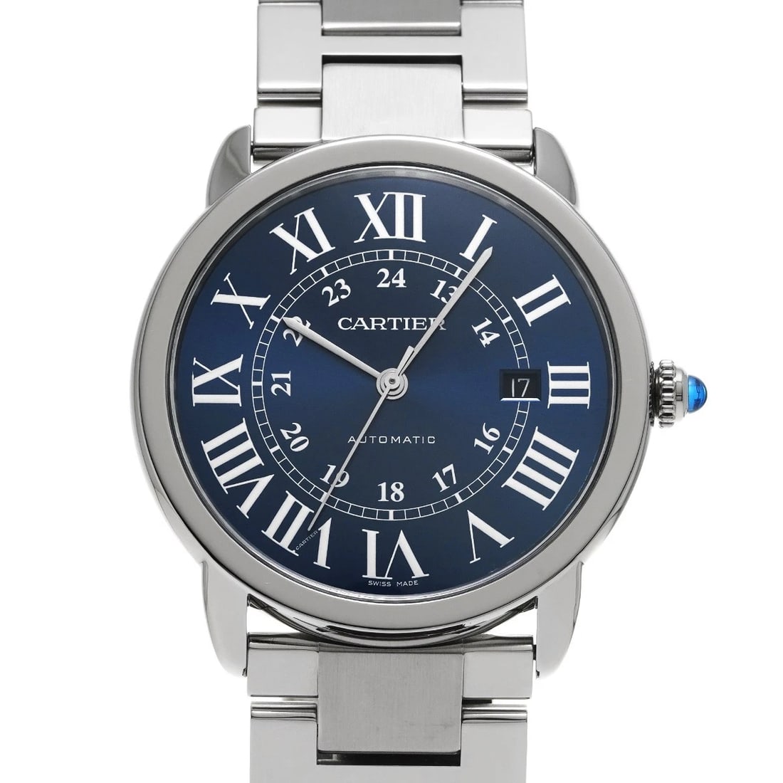 CARTIER RONDE SOLO BLUE WATCH: CARTIER Ronde Solo blue WATCH Brand: CARTIER Type: Wristwatch Material: Band Material Stainless steel, Case Material Stainless steel Color: Dial Color blue Size: ??Case? H/about 42mm W/about 42mm