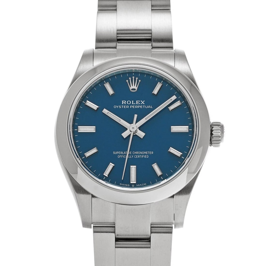 ROLEX OYSTER PERPETUAL MED BLUE WATCH: ROLEX Oyster Perpetual Med Blue WATCH Brand: ROLEX Type: Wristwatch Material: Band Material Stainless steel, Case Material Stainless steel Color: Dial Color Med Blue Size: ??Case? H/about 31mm