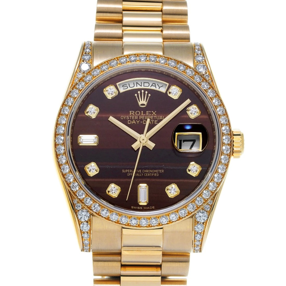ROLEX DATE RED TIGER EYE DIAMOND WATCH: ROLEX Date Red Tiger Eye Diamond WATCH Brand: ROLEX Type: Wristwatch Material: Band Material Yellow Gold, Case Material Yellow Gold/diamond Color: Dial Color Red Tiger Eye/Diamond Size: ??Case? H/abou
