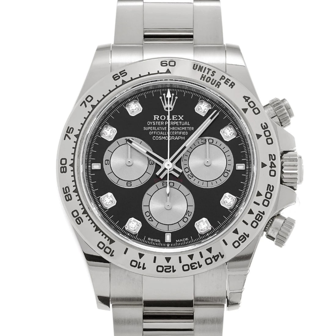 ROLEX COSMOGRAPH DAYTONA BRIGHT BLACK STEEL DIAMOND WATCH: ROLEX Cosmograph Daytona Bright black Steel Diamond WATCH Brand: ROLEX Type: Wristwatch Material: Band Material White gold, Case Material White gold Color: Dial Color Bright black/Steel/Diamond Size: 