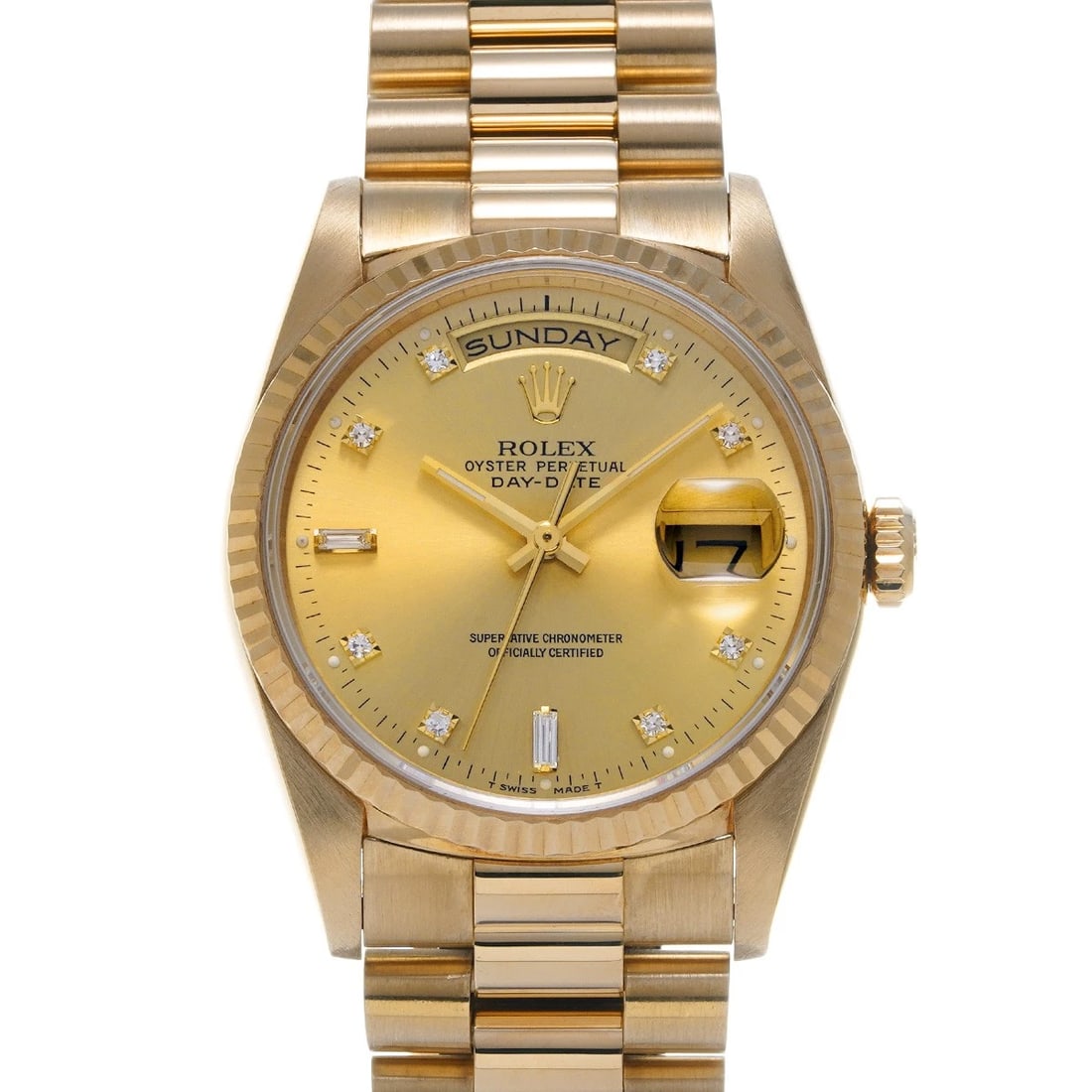 ROLEX CHAMPAGNE DIAMOND WATCH: ROLEX Champagne diamond WATCH Brand: ROLEX Type: Wristwatch Material: Band Material Yellow Gold, Case Material Yellow Gold Color: Dial Color Champagne/diamond Size: ??Case? H/about 36mm W/about 36mm D
