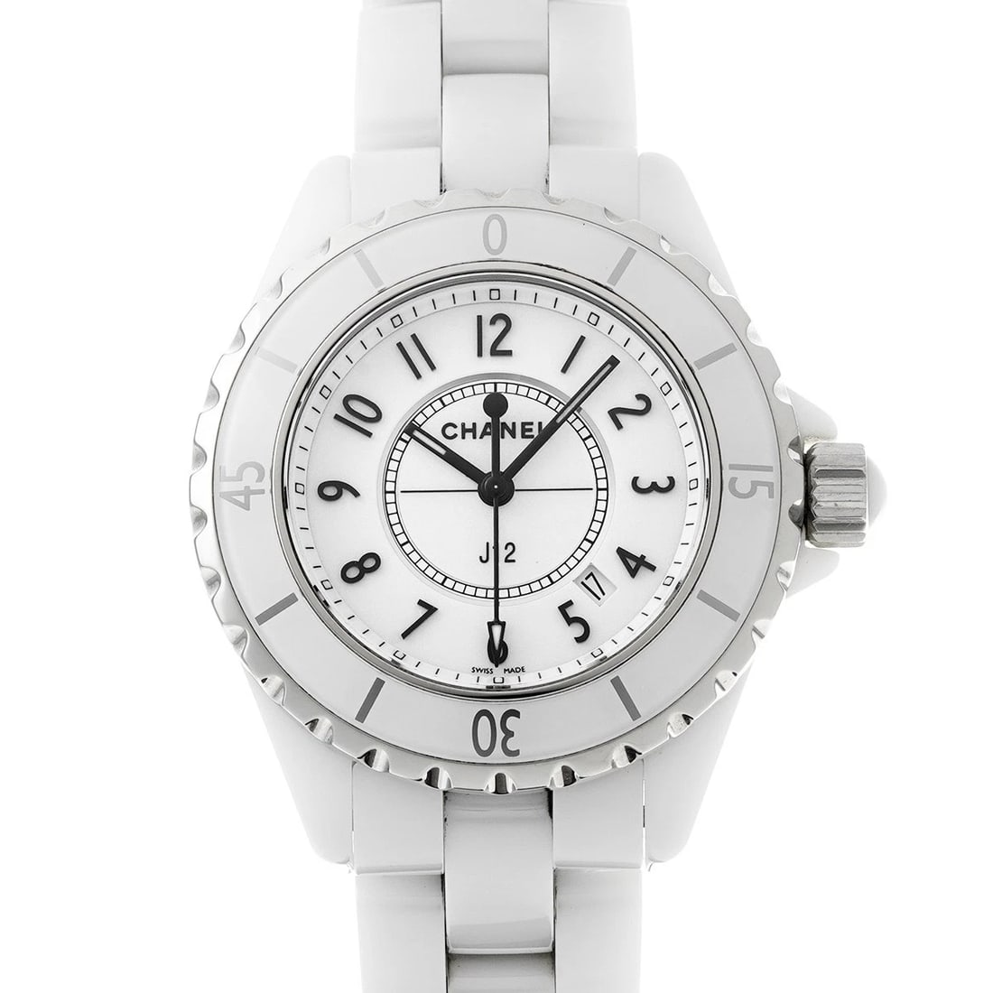 CHANEL J12 WHITE WATCH: CHANEL J12 white WATCH Brand: CHANEL Type: Wristwatch Material: Band Material ceramic, Case Material ceramic Color: Dial Color white Size: ??Case? H/about 33mm W/about 33mm D/about 11mm lug width:16mm