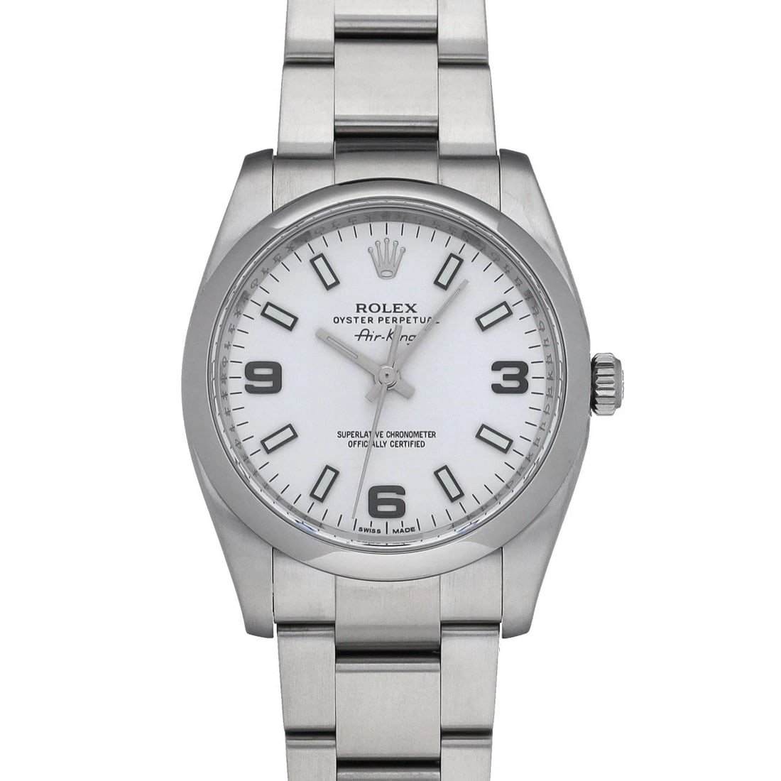 ROLEX AIR KING WHITE WATCH: ROLEX Air King white WATCH Brand: ROLEX Type: Wristwatch Material: Band Material Stainless steel, Case Material Stainless steel Color: Dial Color white Size: ??Case? H/about 34mm W/about 34mm D/about 