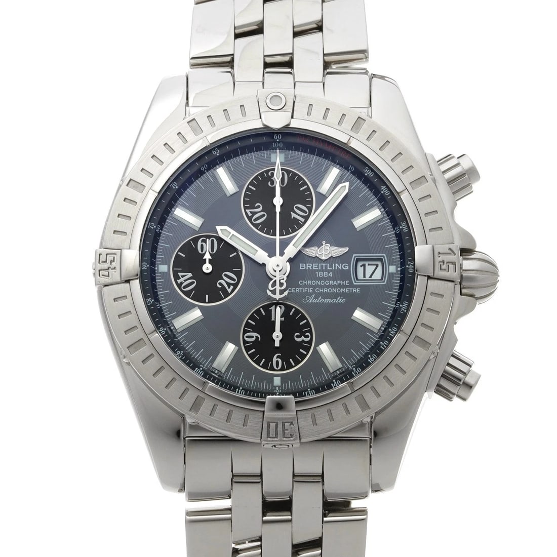 BREITLING CHRONOMAT GRAY BLACK WATCH: BREITLING Chronomat gray black WATCH Brand: BREITLING Type: Wristwatch Material: Band Material Stainless steel, Case Material Stainless steel Color: Dial Color gray/black Size: ??Case? H/about 44mm W/