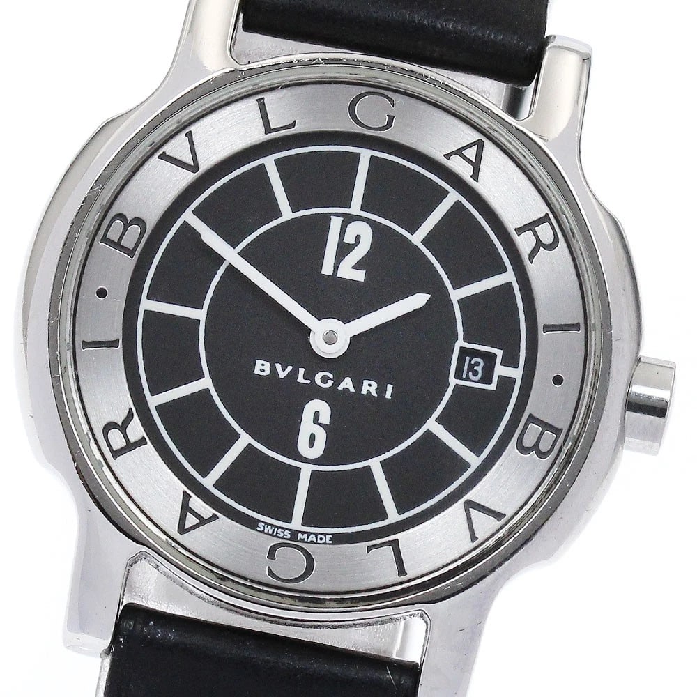 BVLGARI SOLO TEMPO DATE BLACK QUARTZ WATCH: BVLGARI Solo tempo Date black Quartz Watch Brand: BVLGARI Type: Wristwatch Material: Band Material leather, Case Material Stainless Steel Color: Band Color black, Dial Colorblack, Case ColorSilver