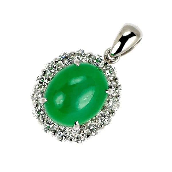 PT900 JADE DIAMOND PENDANT: Pt900 jade diamond pendant Brand: None Type: pendant top Material: Pt900, Main Stone/Creation jadesidestonediamond Color: Silver Size: Length/Width/Diameter (CM) 19.9 Accessories: None Acc
