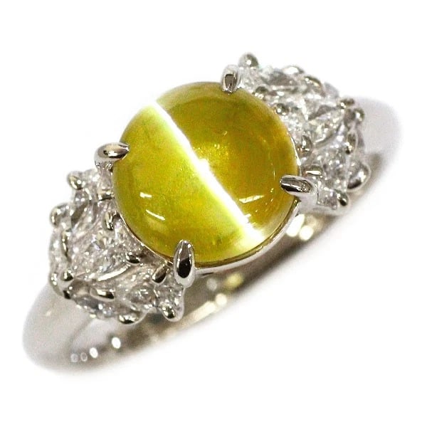 PT900 CHRYSOBERYL CAT'S EYE DIAMOND RING: Pt900 Chrysoberyl Cat's Eye Diamond Ring Brand: None Type: rings Material: Pt900, Main Stone/Creation catseyeSide Stonediamonds Color: Silver Size: 7.75 - 8US Accessories: None Accessories