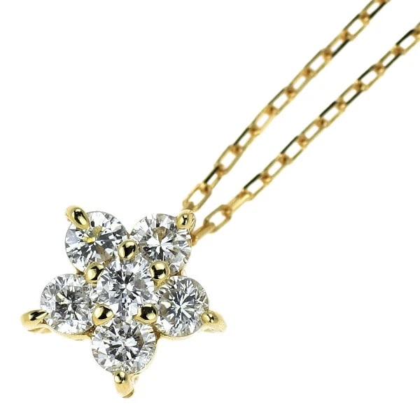 K18YG FLOWER DIAMOND PENDANT NECKLACE: K18YG flower diamond pendant necklace Brand: None Type: pendant necklace Material: K18YG, Main Stone/Creation Natural Color: Yellow Gold Size: Necklace: Chain Length 40cm Accessories: None