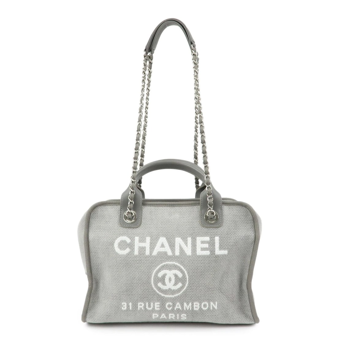 CHANEL DEAUVILLE CANVAS LEATHER 2WAY BOSTON CHAIN SHOULDER BAG: CHANEL Deauville Canvas Leather 2Way Boston Chain Shoulder Bag Brand: CHANEL Type: 2way bag Material: Canvas Color: Gray Size: W32cm(12.60")H21cm(8.27")D13cm(5.12") Accessories: None Acces